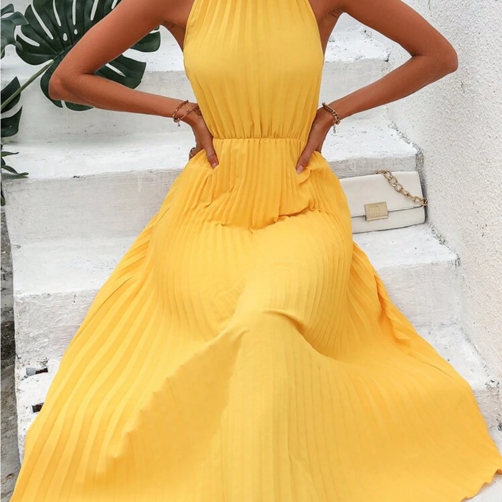 SHEIN Vibrant Yellow Pleated Maxi Dress